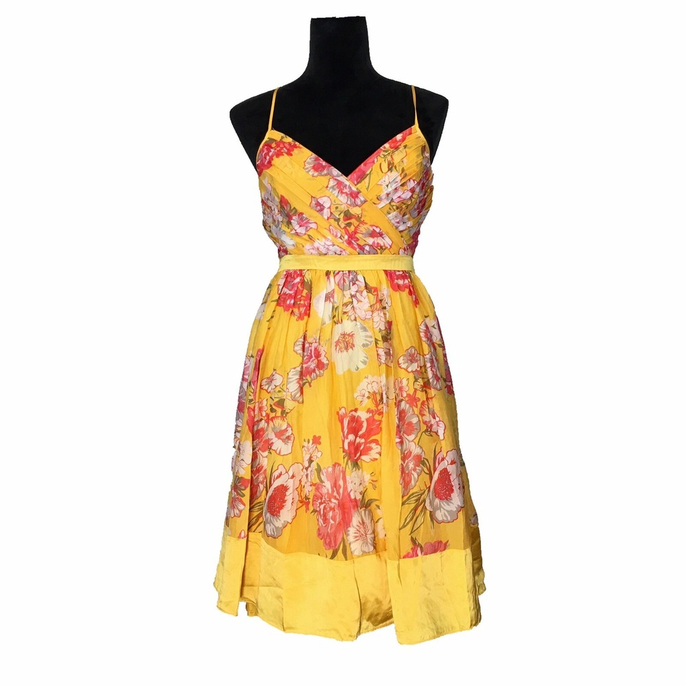 Silk Dress LARGE Yellow Gold Red Gray Floral Empire Pleat Full Skirt Sundress